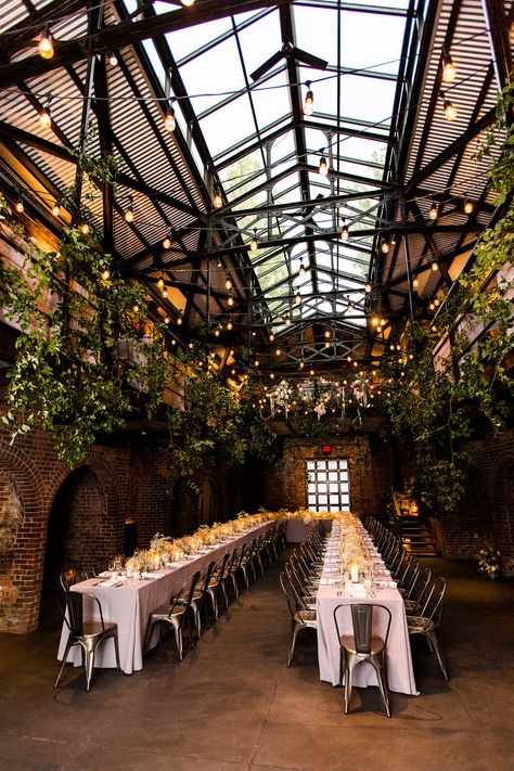 Wedding Ideas Industrial, The Foundry Long Island City, Nontraditional Centerpieces, Wedding Reception Greenhouse, Industrial Venue Wedding, Industrial Wedding Aesthetic, Industrial Warehouse Wedding, Cottage Core Wedding Venue Aesthetic, Greenhouse Wedding Aesthetic