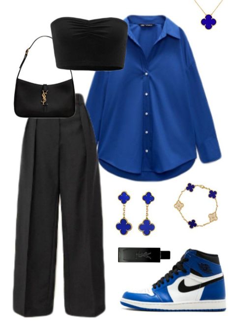 Blue Shirt And Black Pants Outfits, Blue Outfit Aesthetic Casual, Navy Blue And Black Outfits, Royal Blue Shirt Outfit, Modest Casual Outfits, Simple Style Outfits, Modesty Outfits, Stylish Work Attire, Everyday Fashion Outfits