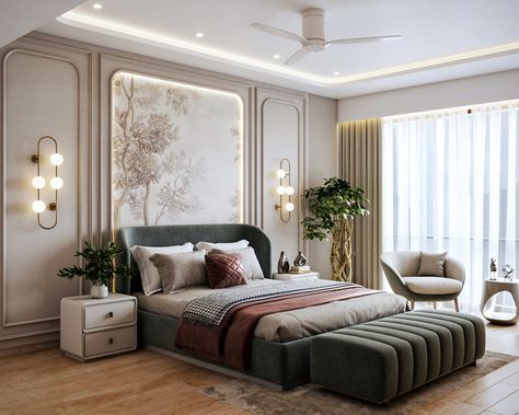 💫Welcome to timeless elegance with this New English-style master bedroom, crafted for our South Bombay client! (shown here via lifelike 3D views)

The bed back features exquisite moulding paired with classic wallpaper, while a statement mural adorns the opposite wall.

The space is designed to evoke an earthy and calm feeling, as a sanctuary to unwind in. 

A perfect blend of comfort, sophistication, and bespoke design.

Stay tuned to see how we bring these 3D views to life! Moulding Bedroom Design, Bedroom Wall Moulding, New Classic Bedroom, South Bombay, Winged Bed, Bedroom Design Styles, Feature Wall Design, Side Road, Exterior Stairs