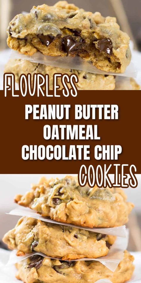 Flourless Peanut Butter Chocolate Chip Cookies, Peanut Butter Oatmeal Chocolate Chip, Peanut Butter Oatmeal Chocolate Chip Cookies, Cookies Sans Gluten, Butter Oatmeal Cookies, Flourless Cookies, Biscuits Diététiques, Gluten Free Chocolate Chip Cookies, Gluten Free Oatmeal