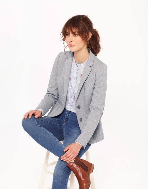 Gerrie Light Grey Multi Fleck Jersey Tweed Blazer  | Joules US Gray Pinstripe Blazer Outfit, Light Gray Blazer Outfit Women, Gray Blazer Outfit Women Business Attire, Light Grey Blazer Women Outfits, Gray Blazer Outfit Women, Gray Blazer Outfit, Short Jacket Outfit, Wfh Style, Grey Blazer Women