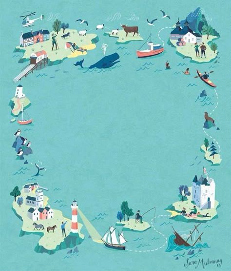 Book cover design and illustration for ‘Treasured Islands’ by Peter Naldrett by Sara Mulvanny. The map design features islands around Great Britain, as well as people, animals and other illustrated elements. This is the illustrated border on the back of the book cover. ©SaraMulvannyIllustrationLtd Sea Map Illustration, Sea Adventure Illustration, Island Map Illustration, Islands Illustration, Island Illustration Design, Ocean Book Cover, Island Illustration, Maps Illustration Design, Cartoon Map