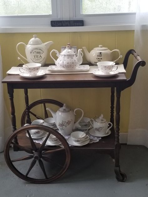 Tea cart from late 1800's. Tea Cart Ideas Decor, Farmhouse Tea Cart, Tea Cart Ideas, Antique Tea Cart Makeover, Refurbished Tea Cart, Antique Cart Coffee Table, Antique Tea Cart, Vintage Tea Cart, Tea Trolley