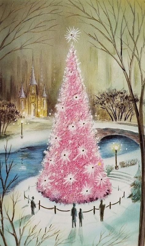 Vintage Pink Christmas, Tree Town, A Pink Christmas, Snowy Scene, Vintage Christmas Greeting Cards, Pink Xmas, A Vintage Christmas, Mid Century Christmas, Pink Christmas Tree