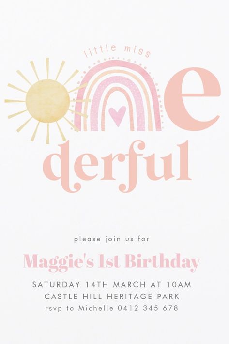 Miss One-derful 1st birthday party invitations for girls featuring a boho rainbow and sun. Onederful Girl Birthday, Ms Onederful Birthday, 1st Birthday Boho Theme Girl, Rainbow Theme First Birthday Girl, 1st Birthday Girl Rainbow Theme, First Year Birthday Girl, One Year Birthday Party Ideas Girl, Miss Onederful Birthday Girl, April 1st Birthday Ideas Girl