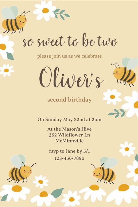 Daisy And Bee Themed Birthday Party, Bee And Daisy Birthday Theme, Daisy And Bee Birthday, Yellow Themed Birthday Party, Birthday Bee Theme, Bumble Bee Invitations, Bumble Bee Birthday Party, Birthday Colors, Bee Themed Birthday Party