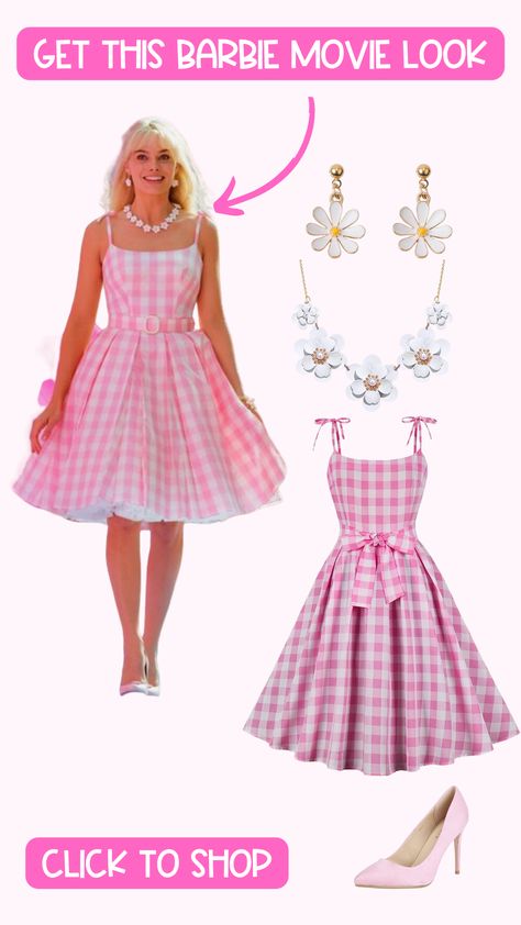 Barbie Movie Gingham Dress, Barbie Outfits Movie 2023, Barbie Plaid Dress, All Of Barbies Outfits, Iconic Women In Movies Costume, Modest Barbie Costume, Barbie Custom Outfits, Barbie Dress Costume, Barbie Movie Looks