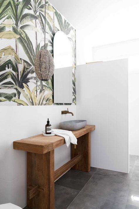 Boho Style Bathroom, Bathrooms Ideas, Tiki Statues, Provincial Home, Beach Furniture, Guest Toilet, Concrete Basin, Custom Mirrors, Tropical Wallpaper