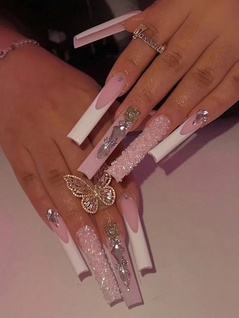 Unique Nails Long Latina Nails, Pink Exotic Nails, Xl Nails Acrylic, Simple Long Acrylic Nails, Pink Bling Nails Rhinestones, Long Bling Nails, Latina Nail Designs Pink, Extra Baddie Nails, Extra Long Acrylic Nails