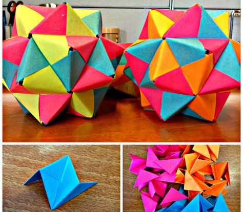 Here I show you how to make origami icosahedron from 30 sonobe pieces. Post It Origami, Origami Star Box, Tutorial Origami, Origami Ball, Origami Dragon, Origami For Beginners, Origami Fish, Origami Love, Origami Rose