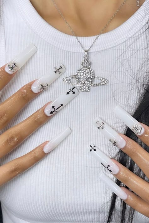 Bella Extra XXLONG SET Check more at https://mangadexx.com/bella-extra-xxlong-set/ Milky White Nails With Cross, Milky White Nails With Black Design, Acrylic Nail Designs Classy, Black Acrylic Nails, Classy Acrylic Nails, Almond Acrylic Nails, Acrylic Nails Coffin Pink, Nails Only, Long Square Acrylic Nails