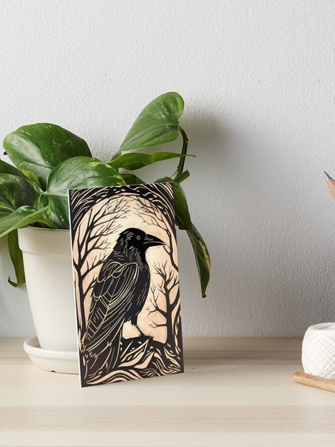 "Woodcut Raven" Art Board Print by ZenStickConcept Raven Lino Print, Upcycle Bag, Bird Singing, Enameling Jewelry, Pet Paintings, Lino Printing, Raven Art, Linocut Art, Crows Ravens