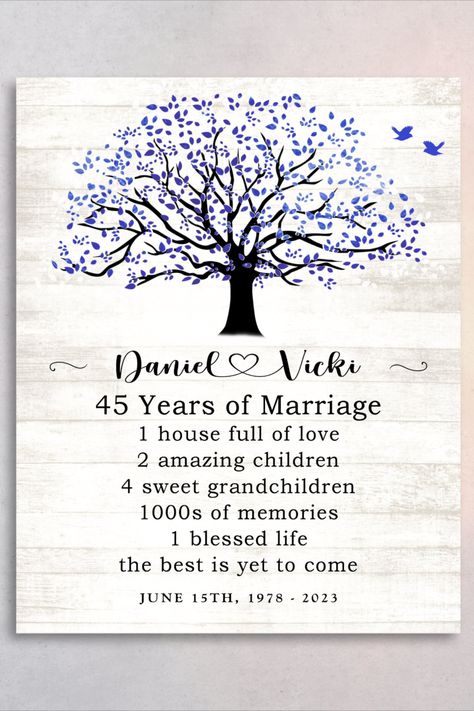 5th Anniversary Sign, Custom Made Gift for Spouse, Parents or Couple white washed faux wood look or plain background - but you can customize! 45 Years color is sapphire blue! 45 Wedding Anniversary, 45th Anniversary Quotes, 45 Year Anniversary, 45th Anniversary Gifts, Wedding Anniversary Quotes, 45th Wedding Anniversary, 5th Wedding Anniversary, Plain Background, Anniversary Sign