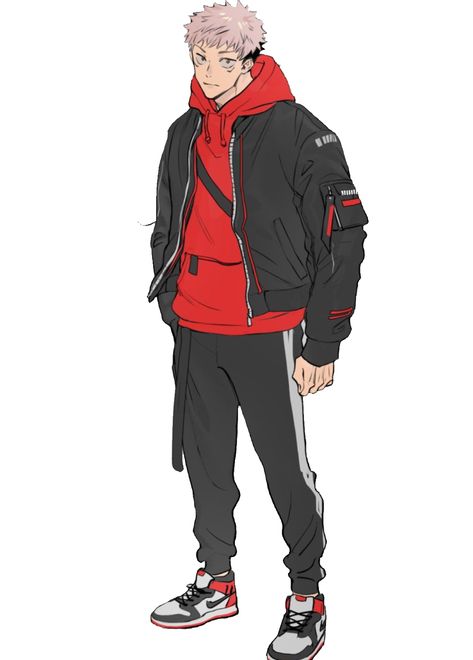 Anime Character Streetwear, Anime Character In Streetwear, Street Wear Anime Art, Anime Drip Outfits, Guy Wearing Hoodie Drawing, Streetwear Art Drawing, Streetwear Anime Art, Yuji Itadori Outfit Ideas, Character Design Streetwear