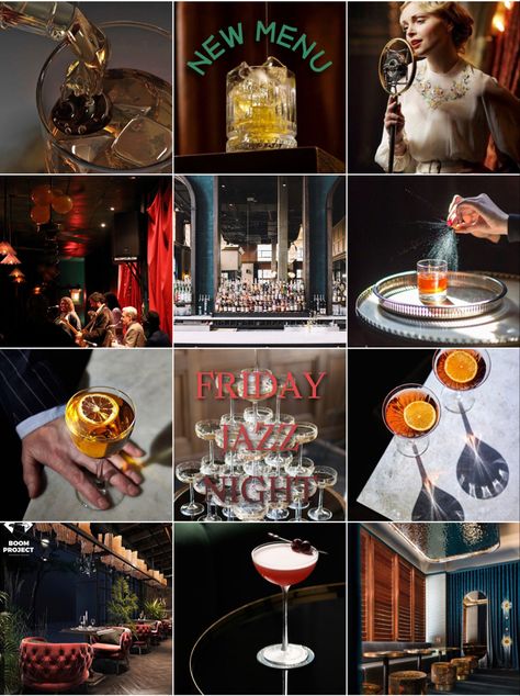 Restaurant Feed Design, Wine Bar Instagram Feed, Luxury Restaurant Instagram Feed, Cocktail Bar Instagram Feed, Bar Social Media Posts, Bar Content Ideas, Bar Mood Board, Bar Instagram Feed, Bar Social Media Design