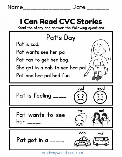 Cvc Stories, Short A Worksheets, Cvc Worksheets, Cvc Words Worksheets, Comprehension Exercises, Kindergarten Reading Worksheets, Teaching English Online, Word Recognition, Phonics Reading