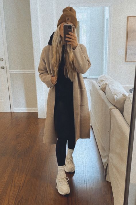 Sweats And Peacoat Outfit, Long Coat Sweatshirt Outfit, Over Coat Outfit Women, Leggings And Long Coat Outfit, Rink Outfit Mom, Women Long Coat Outfits, Peacoat Hoodie Womens Outfit, Hoodie With Long Coat, Sweats And Coat Outfit