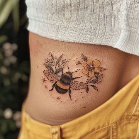 Bee And Sun Tattoo, Bumble Bee Tattoo With Flowers, Two Bumble Bee Tattoo, Bumble Bee Half Sleeve Tattoo, Bumble Bee And Daisy Tattoo, Honey Bee Tattoos For Women, Bumble Bee Tattoo Ideas, Two Bees Tattoo, Bumble Bee Tattoo Color