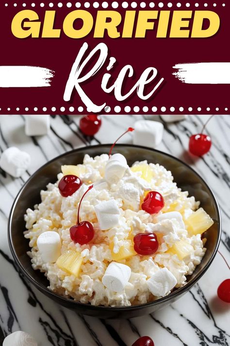 Glorified rice isn’t old-fashioned; it’s retro! It’s a fun dessert salad loaded with pineapple, marshmallows, and cherries, and I know you’ll love it. Rice Fruit Salad Recipes, Heavenly Rice Recipe, Rice Salad With Pineapple, Glorified Rice Recipes, Midwest Salads, Glorified Rice Recipes Cool Whip, Glorified Rice Recipes Crushed Pineapple, Glorified Rice Old Fashioned, Frozen Cherry Salad Crushed Pineapple