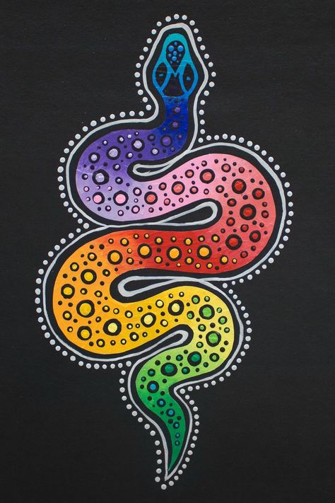 Aboriginal Art Dot Painting, Rainbow Snake, Rainbow Serpent, Aboriginal Dot Painting, Chalkboard Drawings, Aboriginal Painting, Glass Fusion Ideas, Aboriginal Culture, Snake Art