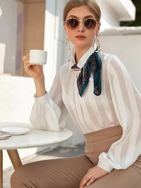 Sheer Satin Blouse Without Skinny Scarf | SHEIN Satin Scarf Outfit, White Blouse Outfit, Girls White Shirt, Scarf Blouse, Satin Bluse, Sheer White Blouse, Satin Scarf, Scarf Outfit, Summer Blouses