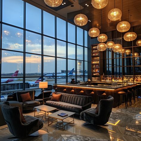 Airport Lounge Elegance: A sophisticated airport lounge awaits travelers with plush seating and a serene view of planes at dusk. #airport #lounge #luxury #travel #relaxation #aiart #aiphoto #stockcake ⬇️ Download and 📝 Prompt 👉 https://ayr.app/l/1Rpc The Lounge, Plane Luxury, Lounge Hotel Design, Luxury Airport, Hotel Lounge Interior, Private Airport, Business Lounge, Airport Interior, Sky Lounge