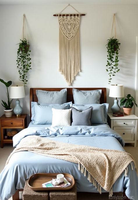 Light Blue Boho Bedroom Light Blue Gold Bedroom, Light Blue And Wood Bedroom, Blue And Green Bedroom Ideas, Light Blue Boho Bedroom, Blue Boho Bedroom Ideas, Blue Boho Bedroom, Wall Art Plants, Blue And Gold Bedroom, Bedroom Board