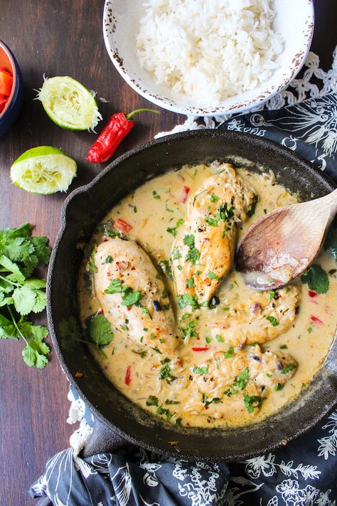 Creamy Coconut Lime Chicken Breasts - a one pan, Whole 30 approved dish made with only a handful of ingredients. Dairy Free + Paleo + Gluten Free Lime Chicken Breast, Coconut Lime Chicken, Whole30 Dinners, Recipe 30, Paleo Dinner, Lime Chicken, Coconut Lime, One Pan, Cast Iron Skillet