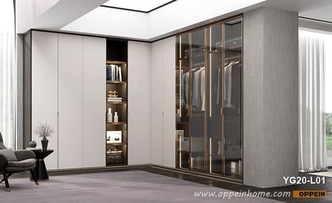 Modern L-shaped Wardrobe with Glass Door Design YG20-L01 Glass Wardrobe Design, Luxury Wardrobe Design, Wardrobe Design Bedroom Modern, Wardrobe Laminate Design, Glass Wardrobe, Wardrobe Design Modern, Bedroom Wardrobe Design, Dressing Design, Dream Closet Design