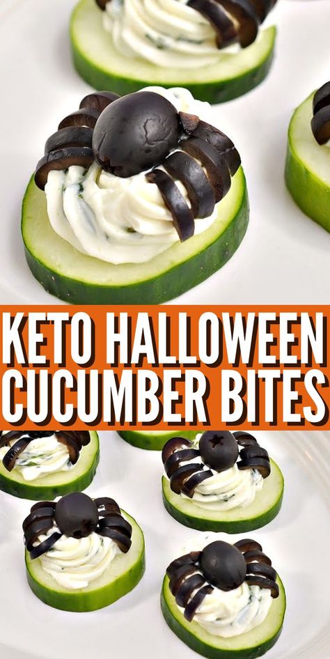 Keto Spider Cucumber Appetizer Bites #ketohalloweenspidercucumberbites #halloweenspidercucumberbites Halloween Cucumber Spider, Halloween Cucumber Sandwiches, Healthy Halloween Party Snacks, Vegetable Halloween Snacks, Easy Halloween Snacks Healthy, Halloween Keto Food, Fun Halloween Appetizers Easy, Halloween Spider Food Ideas, Halloween Food Veggies