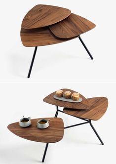 Designed by Baptiste Ducommun, this space-saving coffee table comprises three overlapped tabletops that can be arranged in plenty of ways. Coffee Tables Diy, Wooden Center Table, Coffee Table Designs, Table Decorating Ideas, Modular Coffee Table, Modular Table, Tables Design, Wood Table Design, Innovative Furniture