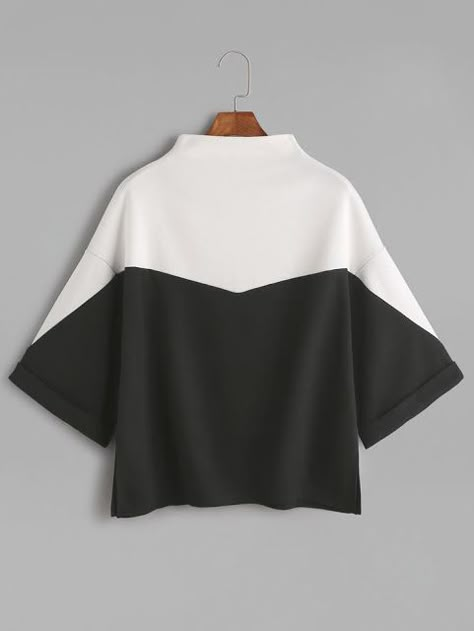 Áo Blu, Mock Neck And T Shirt, Black And White T Shirts, Three Quarter Sleeve Tops, Color Block Tee, Mode Inspiration, Quarter Sleeve, Fashion Tops, Shirt Online