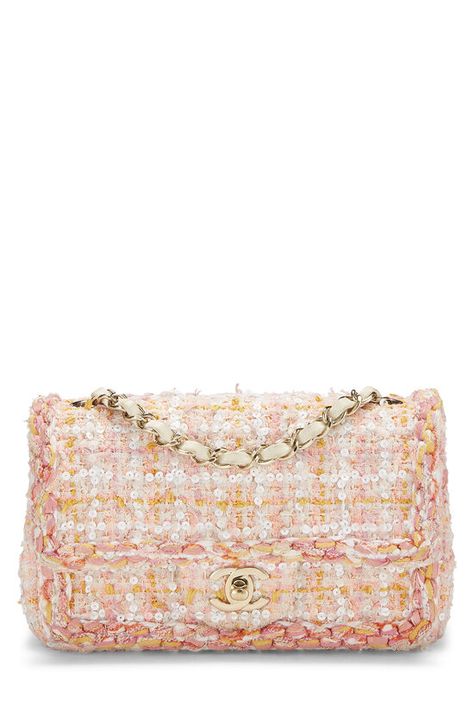 Chanel Pink Quilted Tweed Rectangular Flap Mini Q6BBMB4FP9002 | WGACA Chanel Classic Flap Bag, Tas Bahu, Chanel Tweed, Chanel Flap Bag, Mini Classic, Classic Flap Bag, Chanel Mini, Tweed Fabric, Fashion Icon