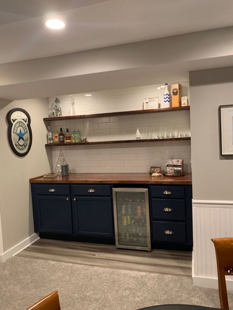 Dry Bar With Butcher Block Top, Basement Concession Bar, Bonus Room Dry Bar, Basement Cabinet Ideas, Hummingbird Sanctuary, Basement Bar Wall, Basement Vibes, Basement Refresh, Cottage Basement