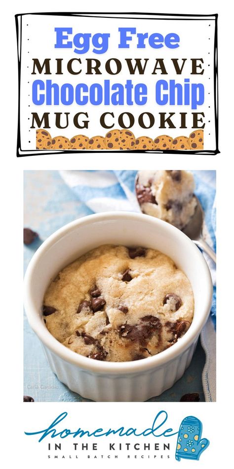 This Egg Free Microwave Chocolate Chip Mug Cookie is ready to enjoy from start to finish in under 5 minutes! It’s a single serving eggless chocolate chip cookie microwaved in a mug or ramekin. Your microwave chocolate chip cookie recipe is best eaten 10 minutes after you make it (so you don’t burn your tongue). It will not keep well the next day. Chocolate Chip Cookie For One, Chocolate Chip Mug Cookie, Microwave Chocolate Chip Cookie, Mug Cookie, Chip Mug, Chocolate Chip Cookie Recipe, In A Mug, Chocolate Chip Cookie, Egg Free