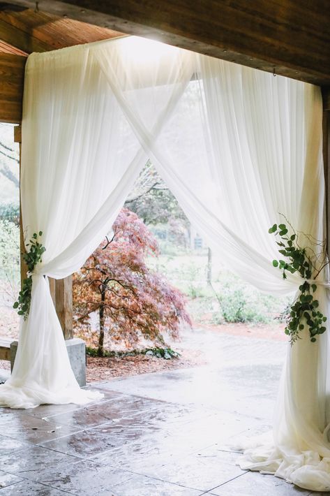 Wedding In Pavilion, Wedding Pavilion Decorations Outdoor, Pavilion Ceremony Decorations, Outdoor Drapes Wedding, Garden Pavilion Wedding, Wedding Tent Entrance Ideas, Pillar Draping Wedding, Pavillion Ceremony Decor, Pergola Drapes Wedding