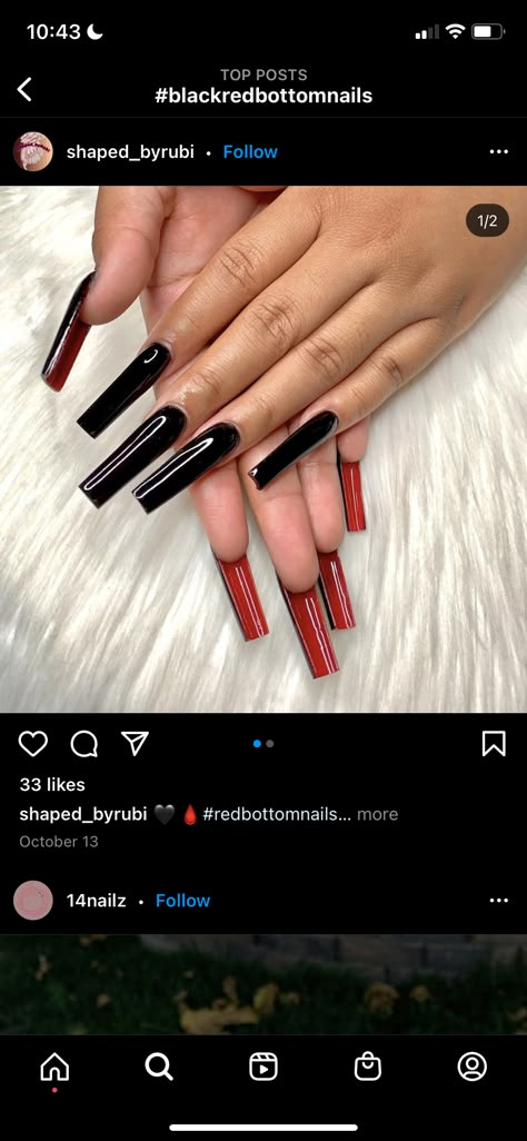 Acrylic Nails Ideas Red Bottoms, Black Nails W Red Bottoms, Black Nails Acrylic Red Bottoms, Acrylic Red Bottom Nails, Black Acrylics With Red Underneath, Long Acrylic Nails Red Bottoms, Bottom Nails Color, Black Nails Acrylic Squares Long, Red Bottomed Nails