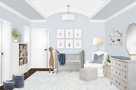 Neutral and Light Blue E-Design Nursery Blue Gray Nursery, Nursery Color Palette, Light Blue Nursery, Baby Blue Nursery, Nursery Paint Colors, Blue Nursery Boy, Nursery Interior Design, Nursery Interior, Light Blue Walls