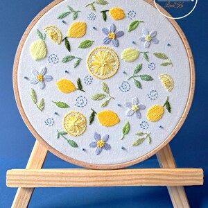 Peach Embroidery Pattern, Lemon Embroidery, Fruit Embroidery, Scissors Design, Detailed Embroidery, Lemon Patterns, Pattern Steps, Hand Embroidery Pattern, Dmc Thread