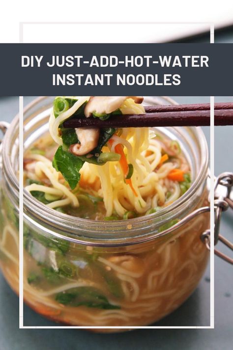 DIY Just-Add-Hot-Water Instant Noodles | The idea is simple and genius: combine par-cooked noodles, a bit of vegetable base, some raw sliced veggies, and a few seasonings inside a jar. Add boiling water, wait a few minutes, and you've got yourself a lunch with all the appeal of instant noodles, but with actual flavor and freshness trapped under that lid. From Thai-style coconut curry noodles with shrimp to a flavorful mix of chicken and dill, we've got a flavor blend to suit every palate. Diy Instant Noodle Seasoning, Instant Jar Noodles, Instant Noodles Mason Jar, Instant Noodle Jar Recipes, Ramen Noodle Mason Jar Lunch Ideas, Mason Jar Soup Mix Recipes Just Add Water, Ramen In Jar, Healthy Instant Noodles Mason Jars, Meals In A Jar Recipes Just Add Water Noodle Soups