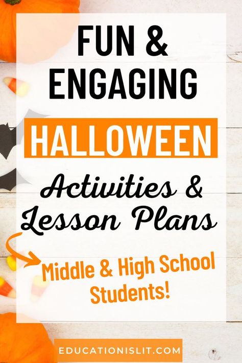 Have your students hooked with these three fun and engaging Halloween English Lesson plan ideas! Great for middle or high school students! #eduislit Halloween Writing Middle School, Halloween Lesson Plans Middle School, Halloween Activities For High School, Halloween Curriculum, Lesson Plans For High School, Halloween Homeschool, High School Halloween, Activities For High School, High School English Lesson Plans