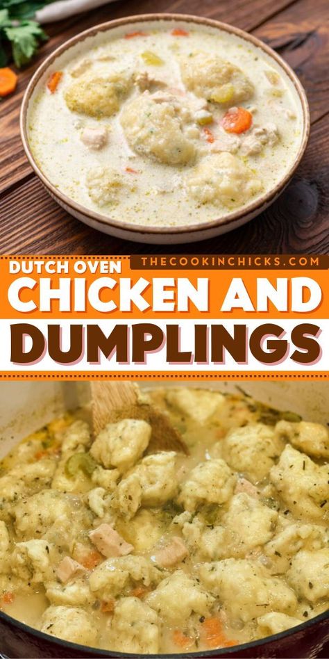 DUTCH OVEN CHICKEN AND DUMPLINGSHere's a comfort food idea that's easy to whip up! This family soup recipe lets you have a simple hearty dinner in the Dutch Oven. Creamy and incredibly delicious, this homemade chicken and dumplings is sure to be a hit! Dutch Oven Chicken And Dumplings, Oven Chicken And Dumplings, Chicken And Dumplings From Scratch, Dumplings From Scratch, Savory Soup Recipes, Chicken Dumpling, Easy Soup Recipe, Dutch Oven Chicken, Chicken And Dumplings Recipe