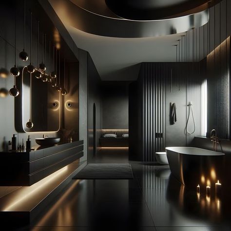 Black Luxury House, Mafia House, Black Room Design, Black House Interior, Luxury Tub, Black Lover, Interior Minimal, Washbasin Design, Dark House