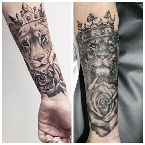 Tiger Couple Tattoo, Matching Lion Tattoos Couples, Lion Couple Tattoo, Couples Lion Tattoo, Forearm Cover Up Tattoos, Maching Tattoos, Tiger Tattoo Sleeve, Best Couple Tattoos, Couple Matching Tattoo