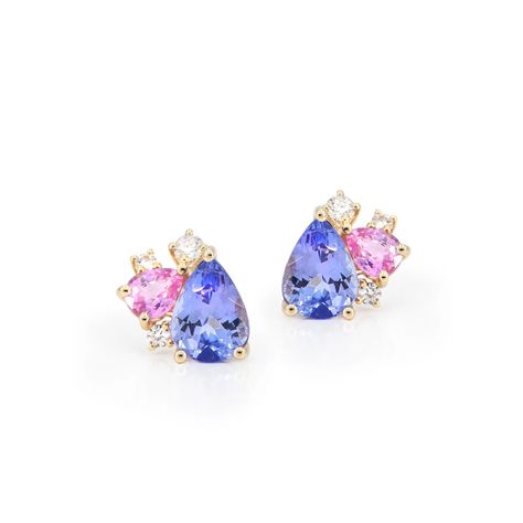 14K Tanzanite & Pink Tourmaline Pear Cluster Stud Earrings | Champaign Jewelers Colourful Jewellery, Fashion Rings Silver, Yellow Style, Colored Stone Rings, Tanzanite Jewelry, Diamond Fashion Rings, Spring Jewelry, Colorful Jewelry, Jewelry Rings Diamond