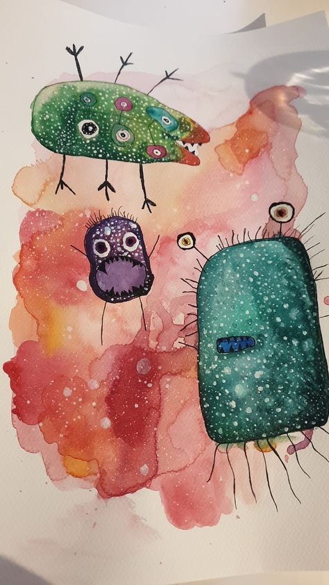 Watercolor Creatures, Funky Watercolor, Teenage Art, Pen Projects, Doodle Monster, Watercolor Projects, Bubble Art, Elementary Art Projects, Art Lesson Plans