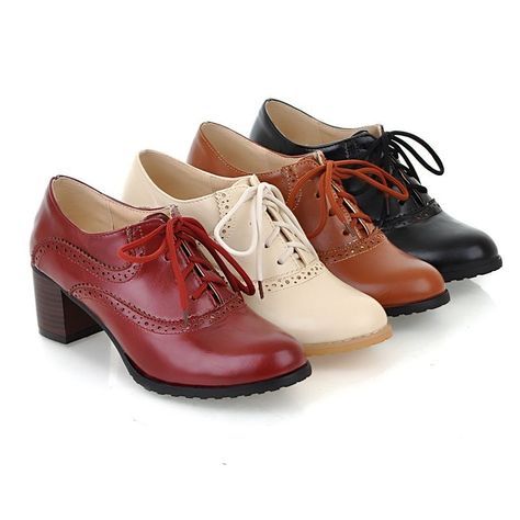 Brogue Women Retro Mid Chunky Heels Lace Up Wing Tip Casual Shoes Oxfords Pumps Lace Up Chunky Heels, Brogues Womens, Oxford Shoes Heels, Women Brogues, Wingtip Oxford Shoes, Oxford Pumps, Lace Up Block Heel, Preppy Shoes, Wingtip Shoes