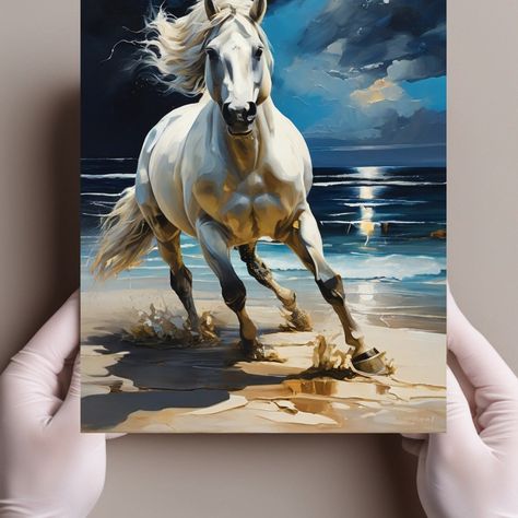 Oil painting of a white horse running along the shore of a night ocean ❤️ Like !⠀⠀ 🗣️ Comment !⠀⠀ 😊 Follow !⠀⠀ ➡️ Share ! ***************************************************************** Please visit my Etsy SHOP Direct Link: https://www.etsy.com/listing/1811619280/running-horse-oil-painting-animals?click_key=51b78f427e4a536f2985fc16a013065047b4071 Oil Painting Animals, White Horse Running, Night Ocean, Horse Oil Painting, Horse Running, Painting Animals, Art Night, Running Horse, Ocean Canvas