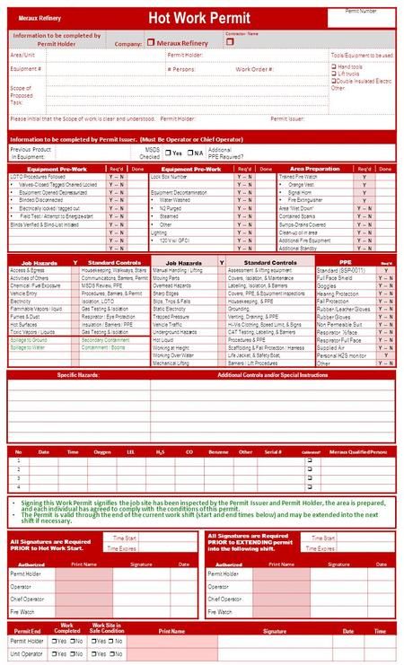 Hot Work Permit  Meraux Refinery   Yes  N/A Meraux Refinery> No Rest For The Wicked, Scope Of Work, Manual Handling, Work Permit, Cage The Elephant, Confined Space, Shift Work, Fire Equipment, End Time
