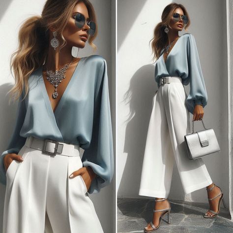 Dramatic Clothes, Parisian Outfits, Spring Outfit Idea, Nude Outfits, Light Blue Blouse, White Trousers, Spring Look, Estilo Chic, Sleek Ponytail